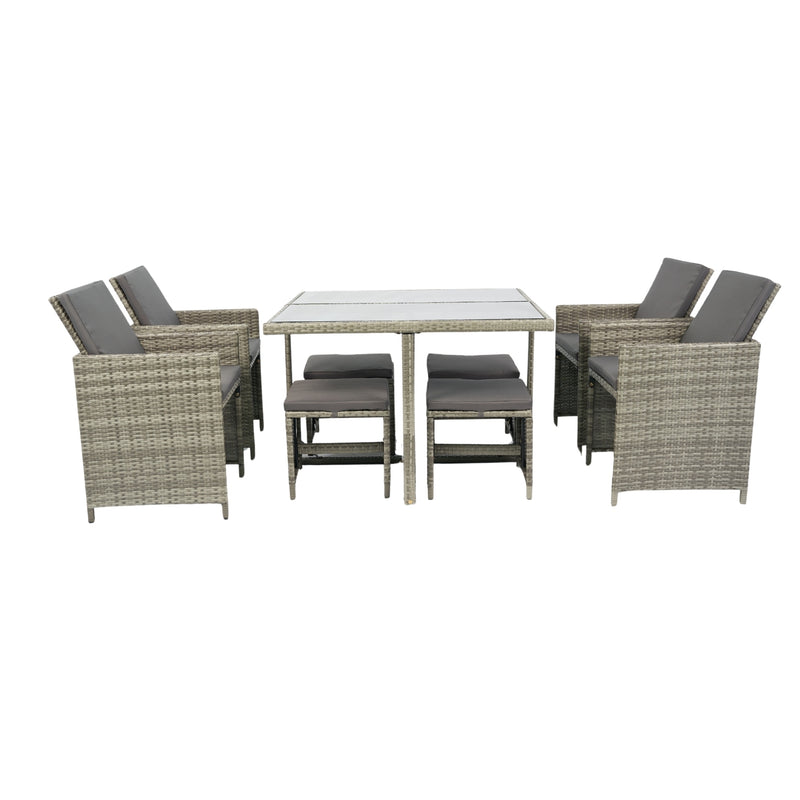 Supfirm 9 Pieces Patio Dining Sets Outdoor Space Saving Rattan Chairs with Glass Table Patio Furniture Sets Cushioned Seating and Back Sectional Conversation Set Grey Wicker + Grey Cushion
