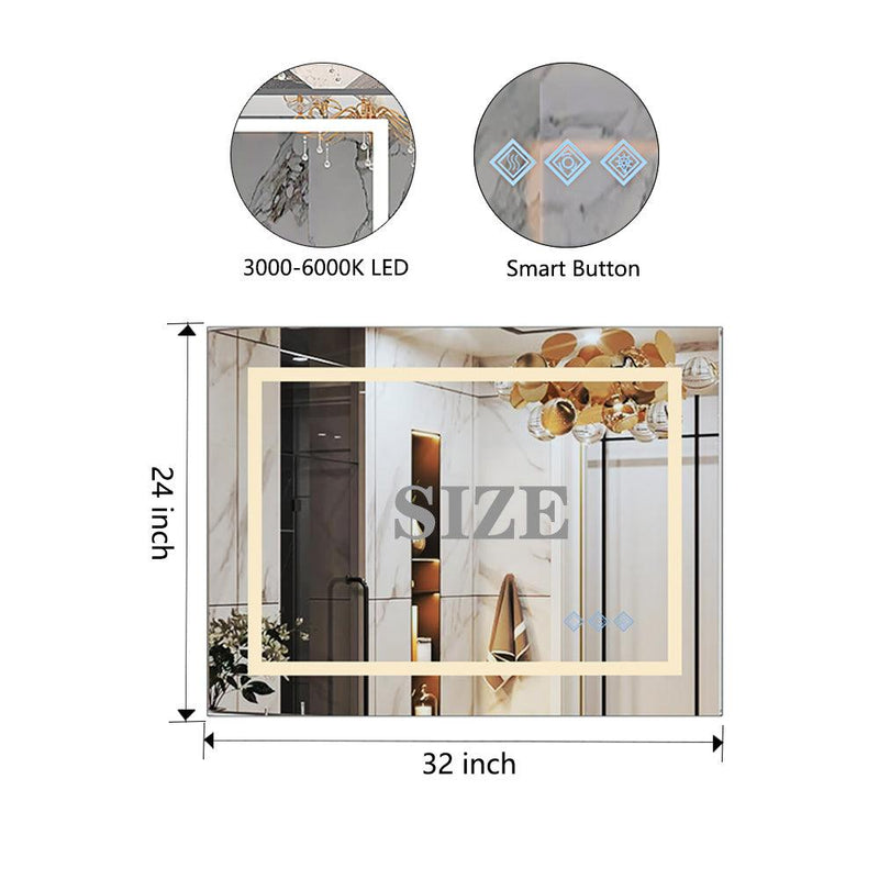32x24inch Glossy Brushed Silver 3000-6000K LED Bathroom Mirror With Lights,Anti-Fog Dimmable Lighted Wall Mounted Vanity Mirror Master Bath Modern Makeup(Only mirrors, not cabinets)Horizontal&Vertical - Supfirm