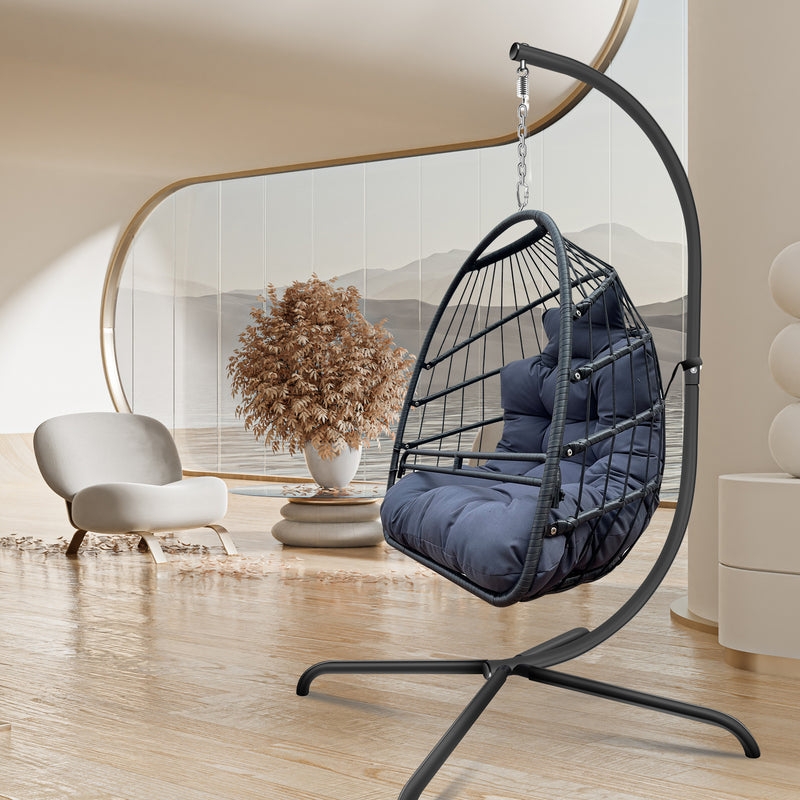 Swing Egg Chair with Stand Indoor Outdoor Wicker Rattan Patio Basket Hanging Chair with C Type bracket , with cushion and pillow,Patio Wicker folding Hanging Chair( Special construction cup holder