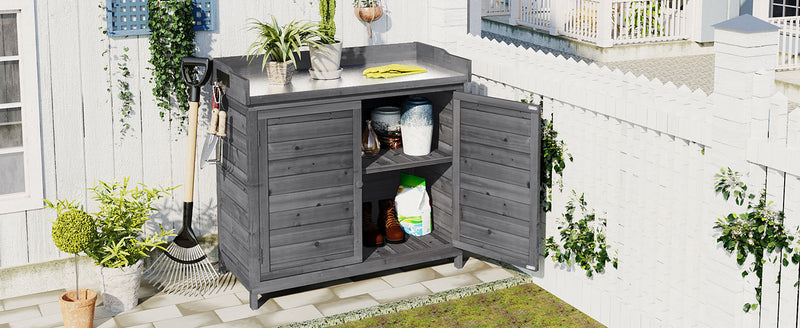 Supfirm TOPMAX Outdoor 39" Potting Bench Table, Rustic Garden Wood Workstation Storage Cabinet Garden Shed with 2-Tier Shelves and Side Hook, Grey