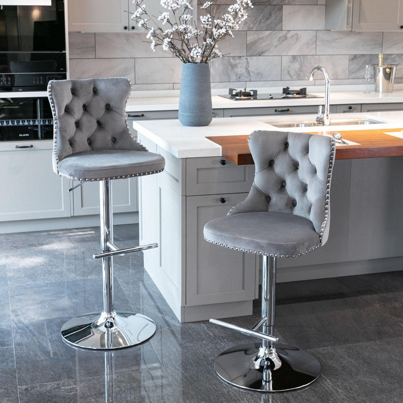 A&A Furniture,Swivel Velvet Barstools Adjusatble Seat Height from 25-33 Inch, Modern Upholstered Chrome base Bar Stools with Backs Comfortable Tufted for Home Pub and Kitchen Island（Gray,Set of 2） - Supfirm