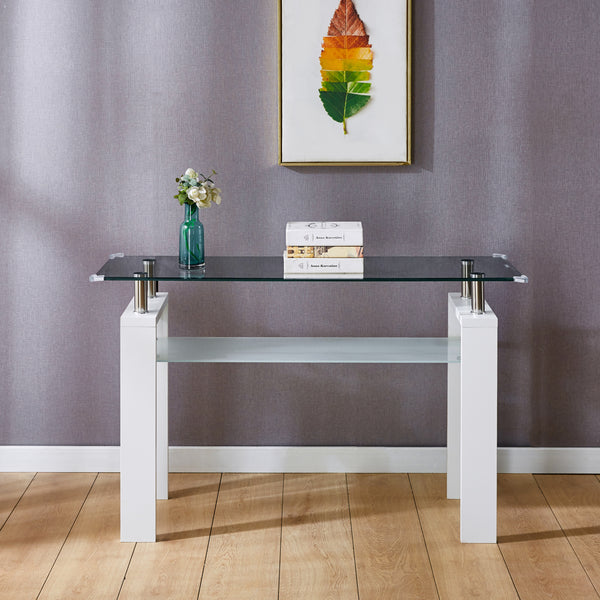 Supfirm White MDF Console Table, Tempered Glass Top, Modern Foyer Area Table
