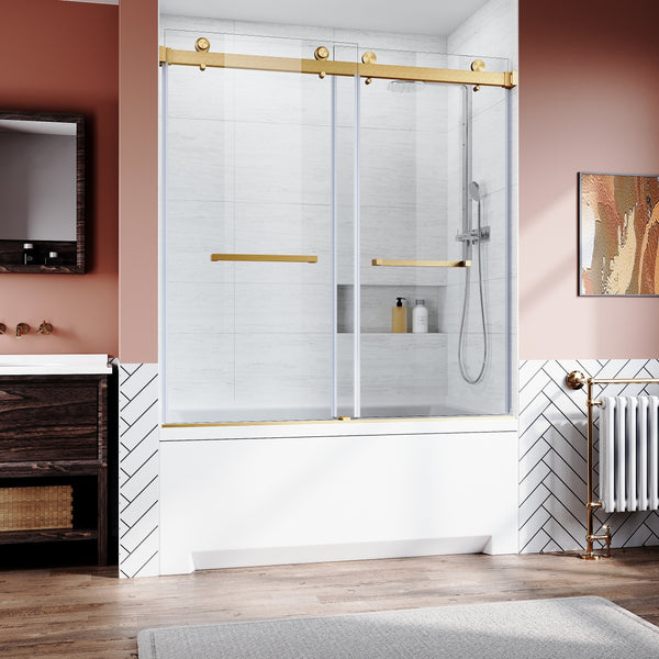 Supfirm Frameless Sliding Bathtub Door 56-60 in.W x 62 in.H,Bypass Tub Glass Sliding Shower Doors,3/8"(10mm) Thick Clear Tempered Glass,Heavy Duty Stainless Steel Hardwares,2pcs Rectangle Handles,Brushed Gold