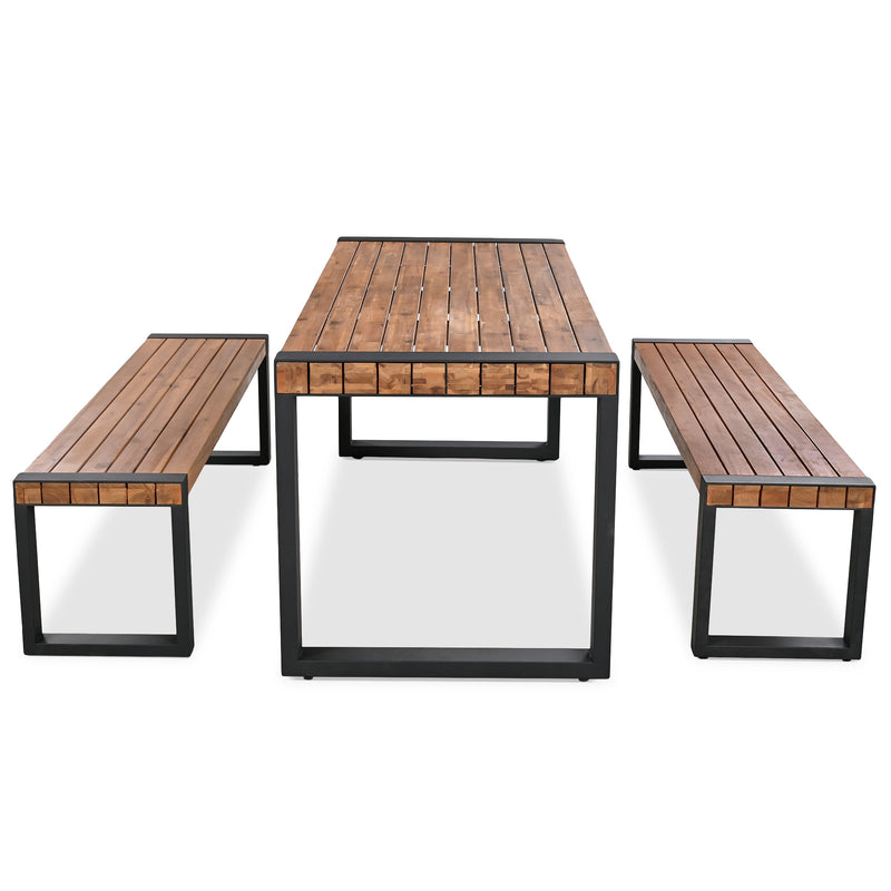 Supfirm GO 3-pieces Outdoor Dining Table With 2 Benches, Patio Dining Set With Unique Top Texture, Acacia Wood Top & Steel Frame, All Weather Use, For Outdoor & Indoor, Natural