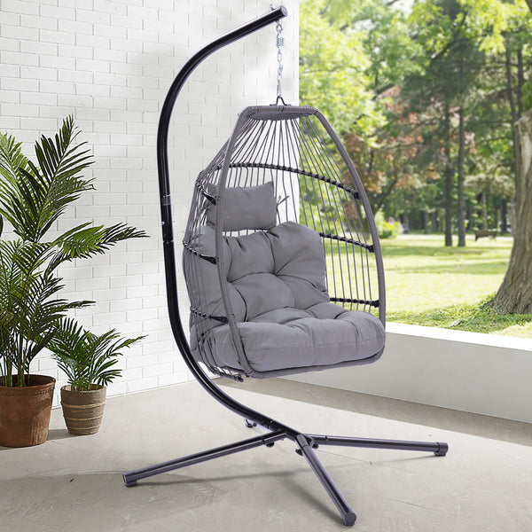 Supfirm Outdoor Patio Wicker Folding Hanging Chair,Rattan Swing Hammock Egg Chair With Cushion And Pillow
