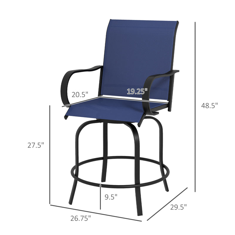 Supfirm Outdoor Bar Stools with Armrests, Set of 2 360° Swivel Bar Height Patio Chairs with High-Density Mesh Fabric, Steel Frame Dining Chairs for Balcony, Poolside, Backyard, Navy Blue