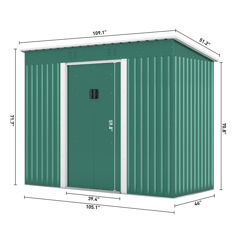 Supfirm 4.2 x 9.1 Ft Outdoor Storage Shed, Metal Tool Shed with Lockable Doors Vents, Utility Garden Shed for Patio Lawn Backyard, Green