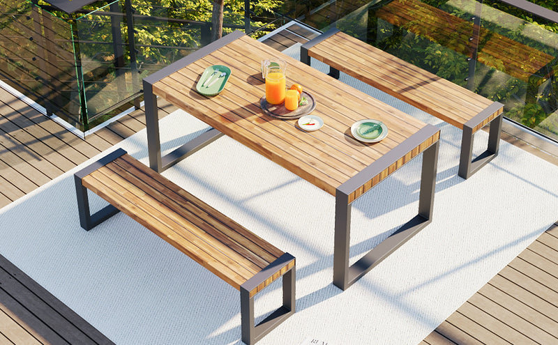 Supfirm GO 3-pieces Outdoor Dining Table With 2 Benches, Patio Dining Set With Unique Top Texture, Acacia Wood Top & Steel Frame, All Weather Use, For Outdoor & Indoor, Natural
