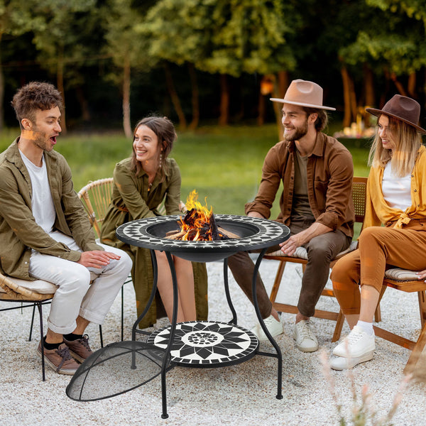 Supfirm 30" Outdoor Fire Pit Dining Table, 3-in-1 Round Wood Burning Fire Pit Bowl, Patio Ice Bucket with Storage Shelf, Supfirm Spark Screen Cover for BBQ, Bonfire, Camping, Mosaic