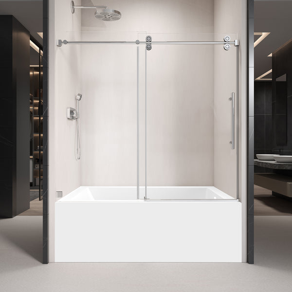 Supfirm 56'' - 60'' W x 60'' H Single Sliding Frameless Tub Shower Door With 3/8 Inch (10mm) Clear Glass in Chrome