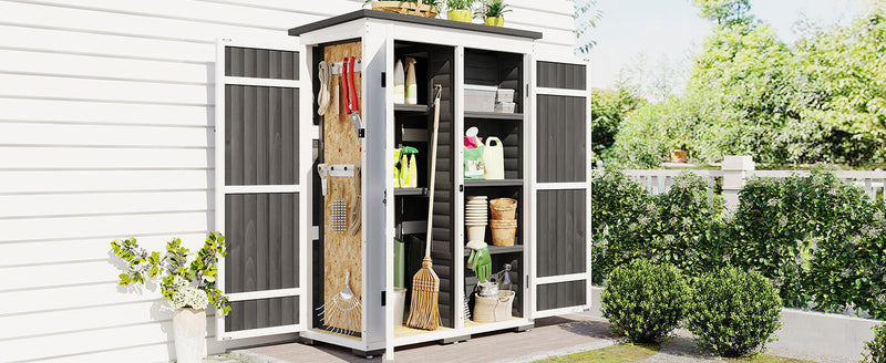 Supfirm [Video Provided] TOPMAX Outdoor 5.5ft Hx4.1ft L Wood Storage Shed, Garden Tool Cabinet with Waterproof Asphalt Roof, Four Lockable Doors, Multiple-tier Shelves, White and Gray