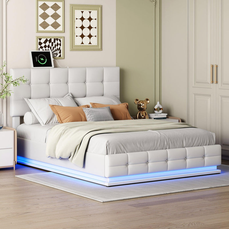 Tufted Upholstered Platform Bed with Hydraulic Storage System,Queen Size PU Storage Bed with LED Lights and USB charger, White - Supfirm