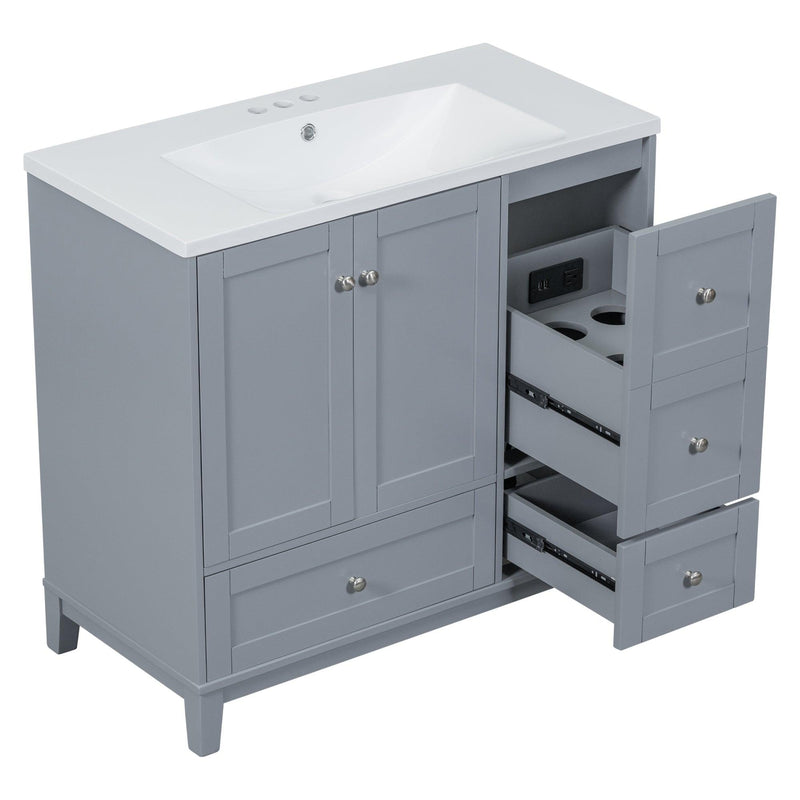 Supfirm 36 Inch Modern Bathroom Vanity with USB Charging, Two Doors and Three Drawers Bathroom Storage Vanity Cabinet with single top, Small Bathroom Vanity cabinet with sink , White & Gray Blue - Faucets Not - Supfirm