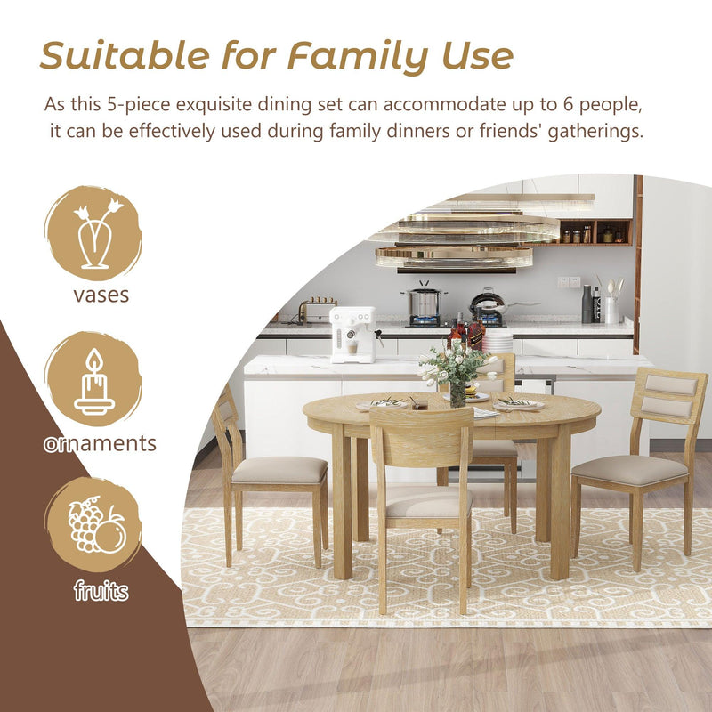TREXM 5-Piece Multifunctional Dining Table Set, Farmhouse Dining Set with Extendable Round Table ,Two Small Drawers and 4 Upholstered Dining Chairs for Kitchen and Dining Room (Natural Wood Wash) - Supfirm