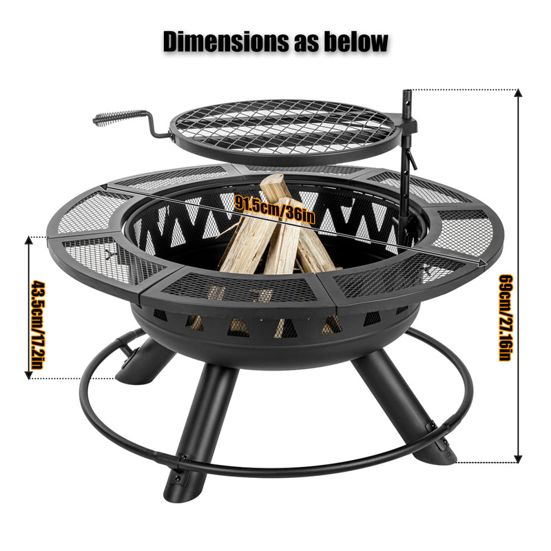Supfirm 36〞Fire Pit for Outside Wood Burning Fire Pit Tables with Metal Lid,BBQ Net Black
