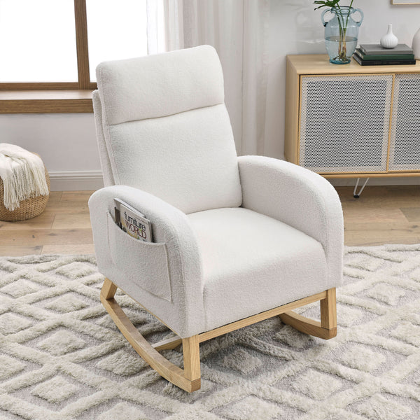 Supfirm [Video] Welike 27.6"W Modern Accent High Backrest Living Room Lounge Arm Rocking Chair, Two Side Pocket ,Teddy White (Ivory)