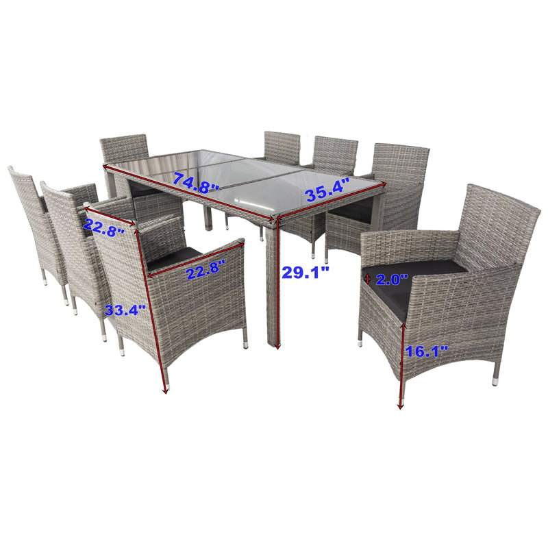 Supfirm 9 piece Outdoor Patio Wicker Dining Set Patio Wicker Furniture Dining Set Glass Top Grey