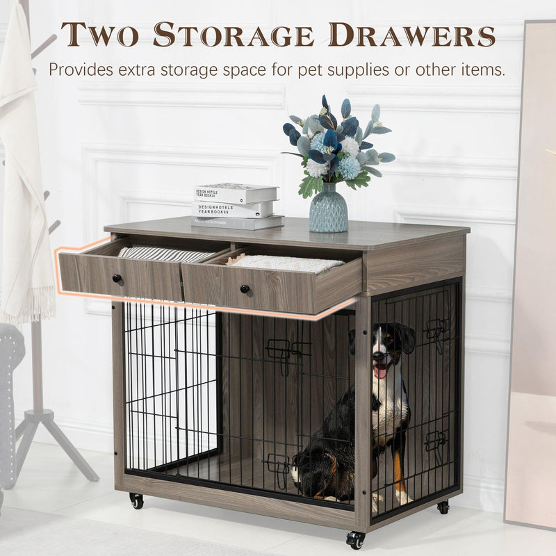 Dog Crate Furniture, Wooden Dog Crate End Table, 38.4 Inch Dog Kennel with 2 Drawers Storage, Heavy Duty Dog Crate, Decorative Pet Crate Dog Cage for Large Indoor Use (Grey) 38.4" L×23.2" W×35" H - Supfirm