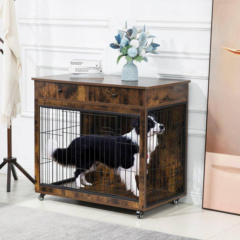 Dog Crate Furniture, Wooden Dog Crate End Table, 38.4 Inch Dog Kennel with 2 Drawers Storage, Heavy Duty Dog Crate, Decorative Pet Crate Dog Cage for Large Indoor Use (Rustic Brown) 38.4" L×23.2" W×35 - Supfirm