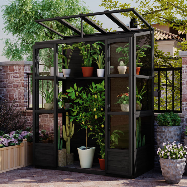 Supfirm TOPMAX 78-inch Wooden Greenhouse Cold Frame with 4 Independent Skylights and 2 Folding Middle Shelves, Walk-in Outdoor Greenhouse, Black