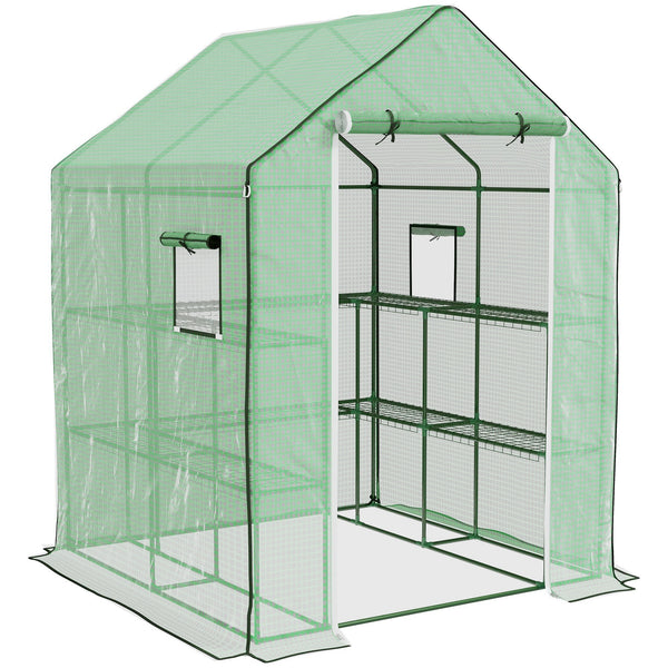 Supfirm 4.6' x 4.7' Portable Greenhouse, Water/UV Resistant Walk-In Small Outdoor Greenhouse with 2 Tier U-Shaped Flower Rack Shelves, Roll Up Door & Windows, Green