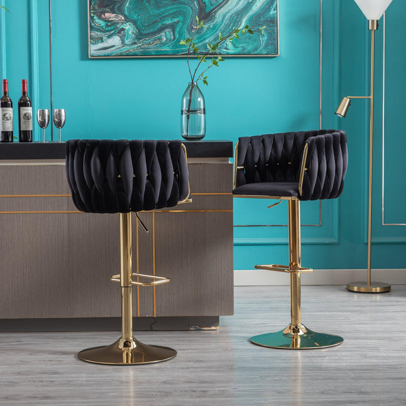 Set of 2 Bar Kitchen Stools Seat,with Chrome Footrest and Base Swivel Height Adjustable Mechanical Lifting Velvet + Golden Leg Simple Bar Stool-Black - Supfirm