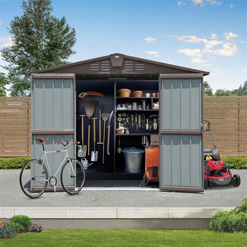 Supfirm Outdoor Storage Shed 8.2' x 6.2', Metal Steel Utility Tool Shed Storage House with Double Lockable Doors & Air Vents for Backyard Patio Garden Lawn Brown