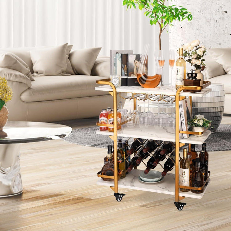 Gold Bar Cart with 3 Tiers for Stylish Storage, Home Bar Serving Cart with 4 Rows of Glass Holders & 8 Wine Racks, Modern Marbled Solid Wood Cart on Lockable Wheels, Coffee Bar Cart for Kitchen - Supfirm