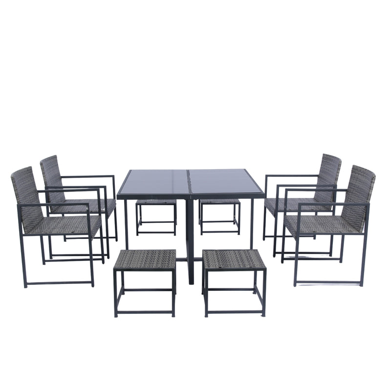 Supfirm 9 Pieces Patio Dining Sets Outdoor Space Saving Rattan Chairs with Glass Table Top Grey Wicker + Dark Grey Cushion