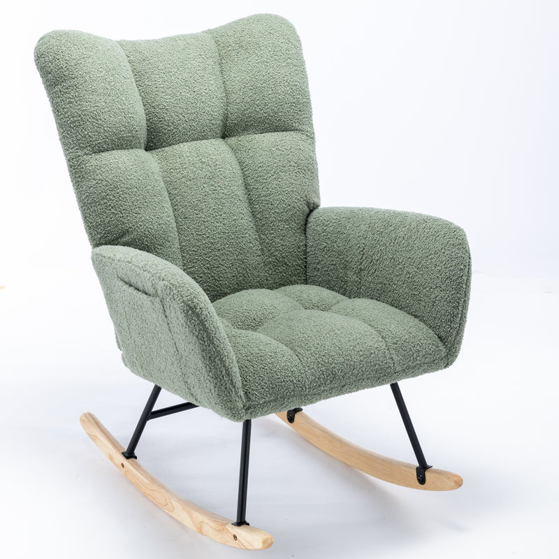 Supfirm Rocking Chair with Pocket, Soft Teddy Fabric Rocking Chair for Nursery, Comfy Wingback Glider Rocker with Safe Solid Wood Base for Living Room Bedroom Balcony (green)