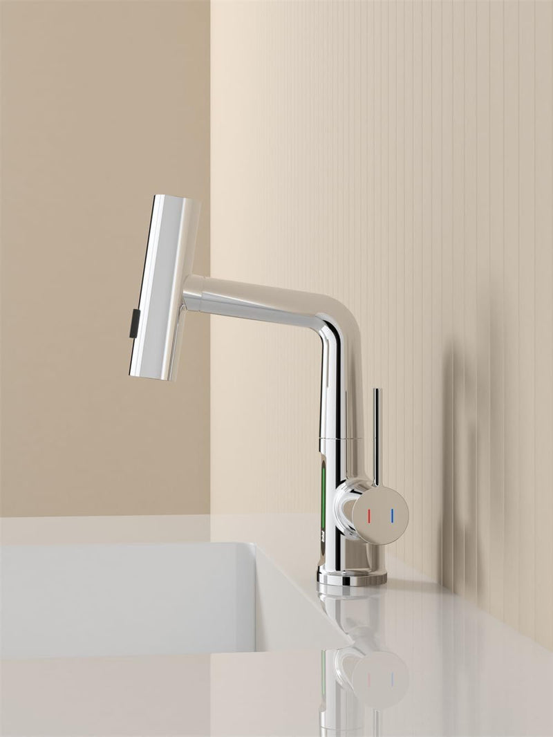 Supfirm Pull-Out Lift LED Temperature Digital Display Bathroom Basin Faucet, Single Handle 360° Rotatable Waterfall 3-in-1 Basin Tap with Adjustable Height - Chrome