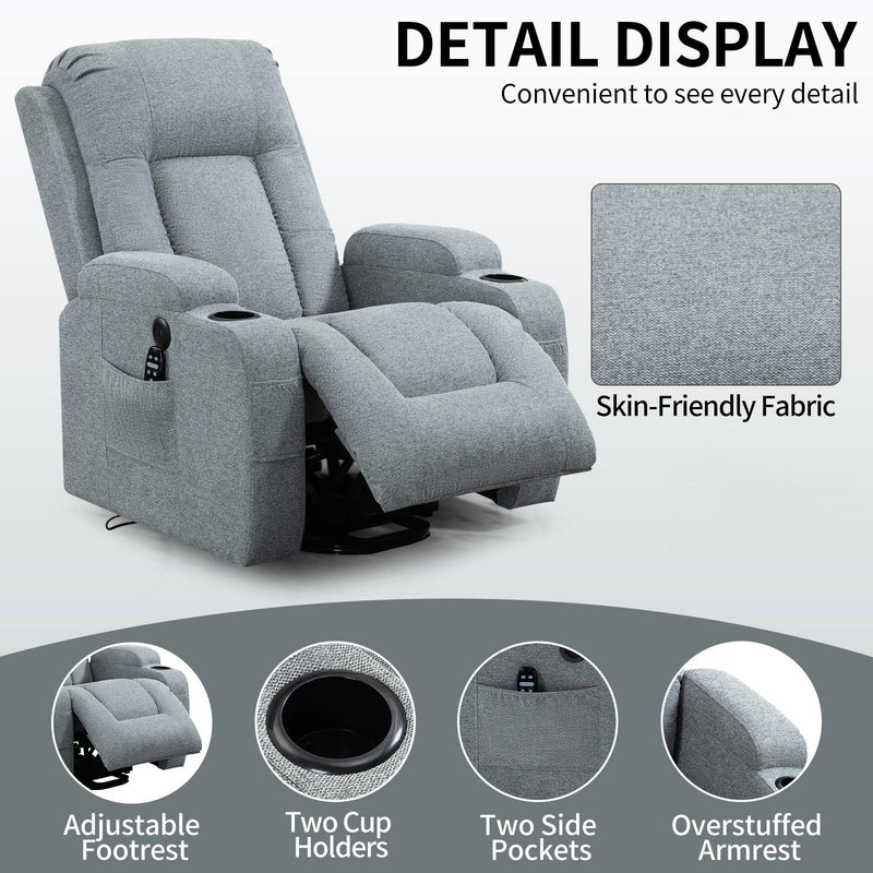 Infinite Position Okin Motor Up to 350 LBS Power Lift Recliner Chair for Elderly, Heavy Duty Motion Mechanism with 8-Point Vibration Massage and Lumbar Heating, USB Charging Port, Cup Holders, Grey - Supfirm