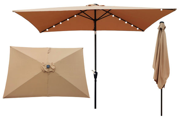 Supfirm 10 x 6.5t Rectangular Patio Solar LED Lighted Outdoor Market Umbrellas with Crank & Push Button Tilt for Garden Shade Outside Swimming Pool