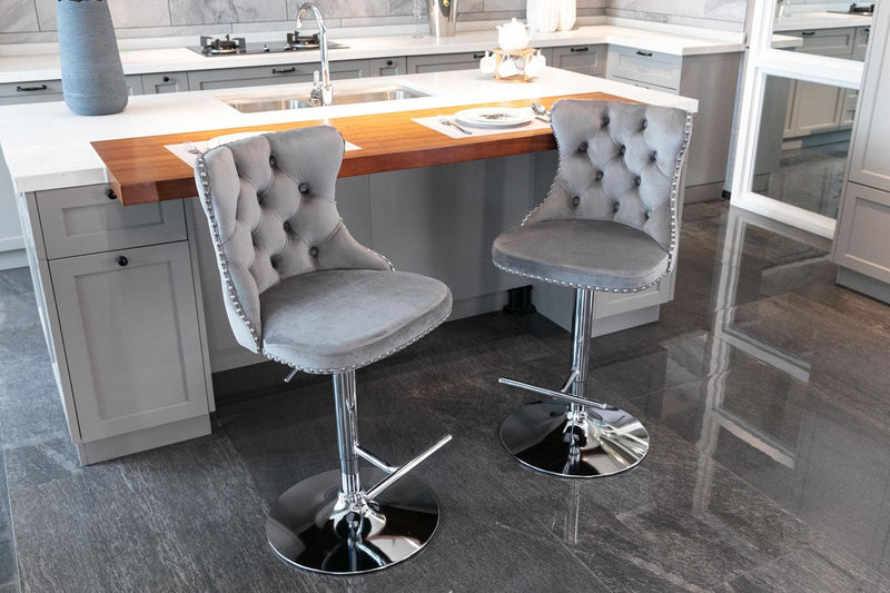 A&A Furniture,Swivel Velvet Barstools Adjusatble Seat Height from 25-33 Inch, Modern Upholstered Chrome base Bar Stools with Backs Comfortable Tufted for Home Pub and Kitchen Island（Gray,Set of 2） - Supfirm
