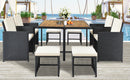 Supfirm TOPMAX Patio All-Weather PE Wicker Dining Table Set with Wood Tabletop for 8, Black Rattan+Beige Cushion (9-Piece)