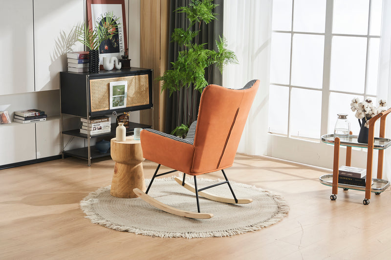 Supfirm Rocking Chair Nursery, Solid Wood Legs Reading Chair with Teddy fabic Upholstered, Nap Armchair for Living Rooms, Bedrooms, Offices, Best Gift,Orange (Leathaire +Houndstooth)