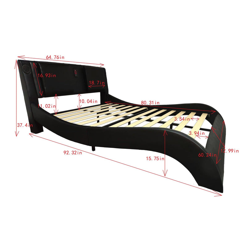 Faux Leather Upholstered Platform Bed Frame with led lighting, Bluetooth connection to play music control, Backrest vibration massage, Curve Design, Wood Slat Support, Exhibited Speakers,Queen - Supfirm