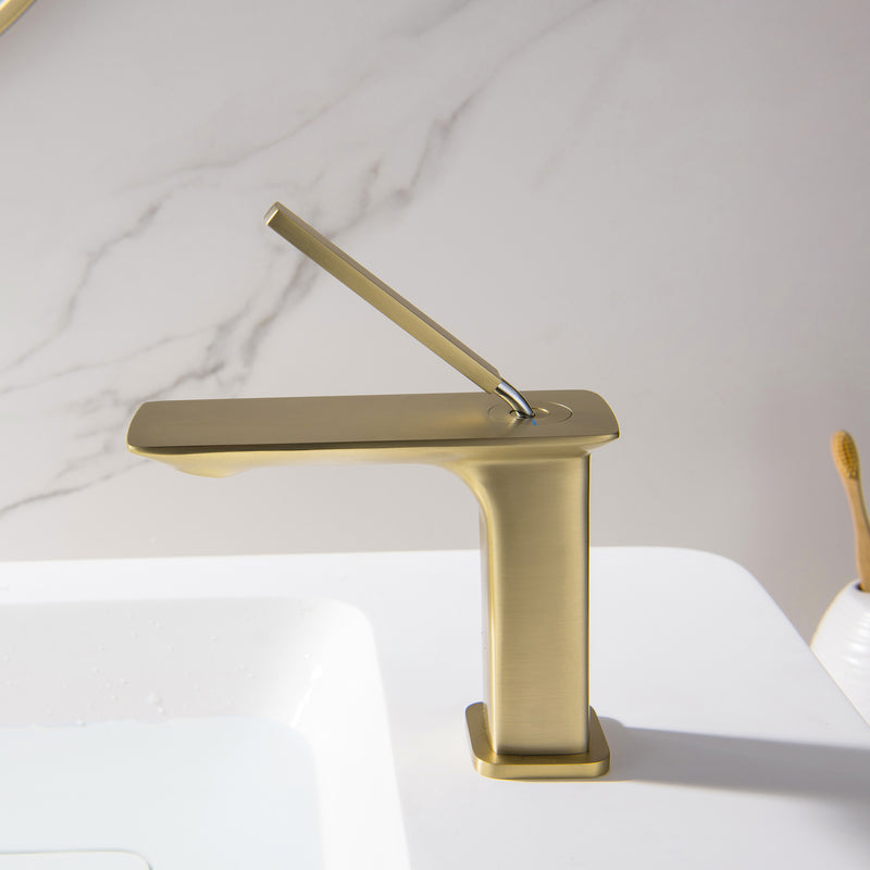 Supfirm Square Single Hole Single-Handle Bathroom Sink Faucet in Brushed Gold