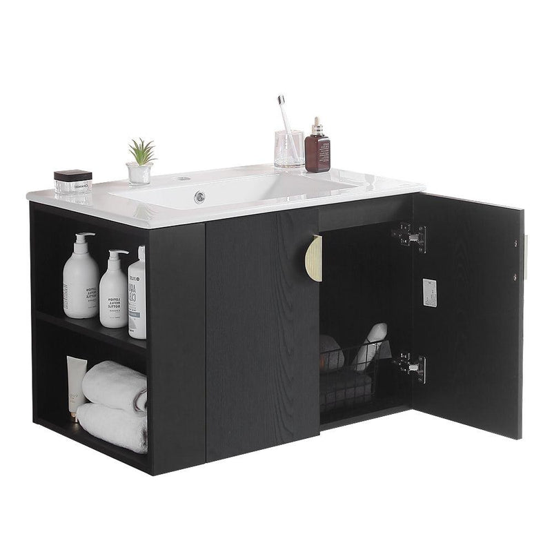 Supfirm 30" Bathroom Vanity with Sink,with two Doors Cabinet Bathroom Vanity Set with Side left Open Storage Shelf,Solid Wood,Excluding faucets,Black - Supfirm