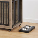 Furniture Style Dog Crate Side Table With Feeding Bowl, Wheels, Three Doors, Flip-Up Top Opening. Indoor, Grey, 38.58"W x 25.2"D x 27.17"H - Supfirm