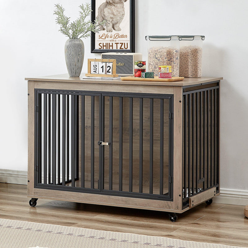 Furniture Style Dog Crate Side Table With Feeding Bowl, Wheels, Three Doors, Flip-Up Top Opening. Indoor, Grey, 43.7"W x 30"D x 33.7"H - Supfirm