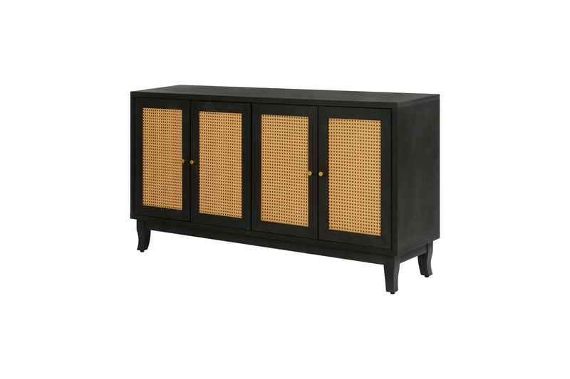 Handcrafted Premium Grain Panels,Rattan Sideboard Buffer Cabinet,Accent Storage Cabinet With 4 Rattan Doors, Modern Storage Cupboard Console Table with Adjustable Shelves for Living Room ,BLACK - Supfirm
