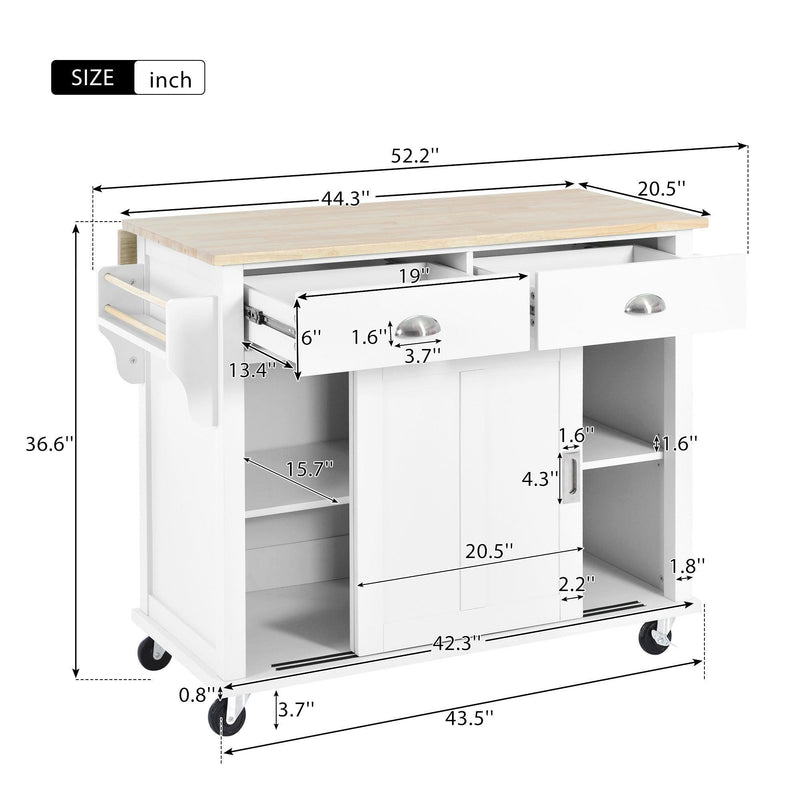 Kitchen Cart with Rubber wood Drop-Leaf Countertop, Concealed sliding barn door adjustable height,Kitchen Island on 4 Wheels with Storage Cabinet and 2 Drawers,L52.2xW30.5xH36.6 inch, White - Supfirm