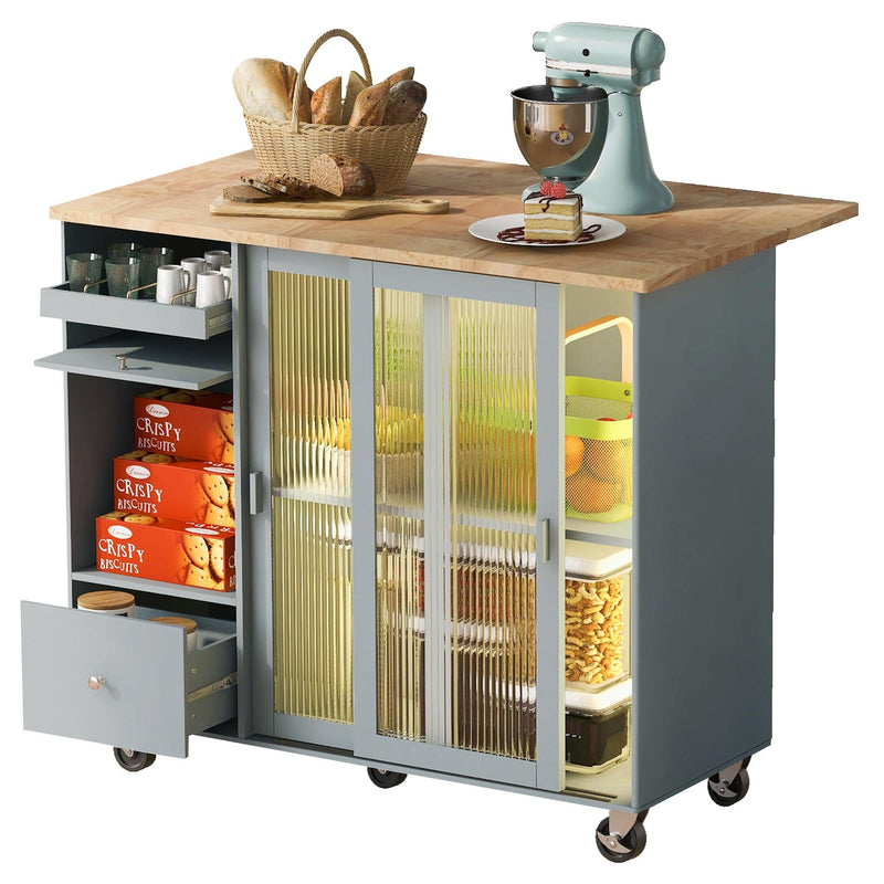 Kitchen Island with Drop Leaf, LED Light Kitchen Cart on Wheels with 2 Fluted Glass Doors and 1 Flip Cabinet Door, Large Kitchen Island Cart with an Adjustable Shelf and 2 Drawers (Grey Blue) - Supfirm