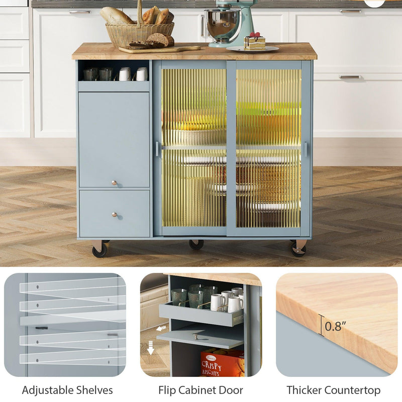 Kitchen Island with Drop Leaf, LED Light Kitchen Cart on Wheels with 2 Fluted Glass Doors and 1 Flip Cabinet Door, Large Kitchen Island Cart with an Adjustable Shelf and 2 Drawers (Grey Blue) - Supfirm
