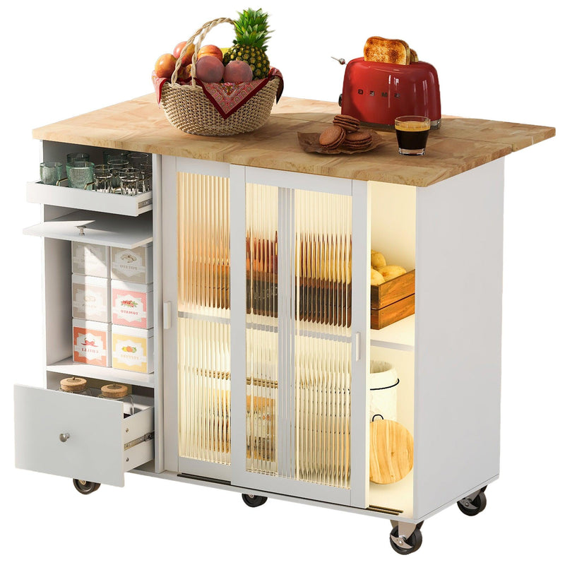 Kitchen Island with Drop Leaf, LED Light Kitchen Cart on Wheels with 2 Fluted Glass Doors and 1 Flip Cabinet Door, Large Kitchen Island Cart with an Adjustable Shelf and 2 Drawers (White) - Supfirm
