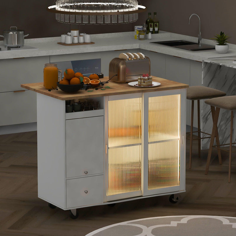 Kitchen Island with Drop Leaf, LED Light Kitchen Cart on Wheels with 2 Fluted Glass Doors and 1 Flip Cabinet Door, Large Kitchen Island Cart with an Adjustable Shelf and 2 Drawers (White) - Supfirm