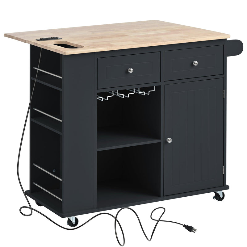 Kitchen Island with Power Outlet,Kitchen Storage Island with Drop Leaf and Rubber Wood,Open Storage and Wine Cubbies Rack,5 Wheels,with Adjustable Storage for Home, Kitchen, and Dining Room, Black - Supfirm