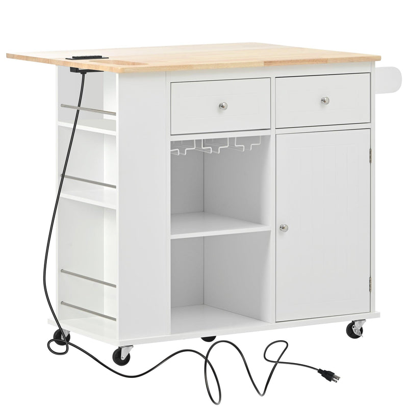 Kitchen Island with Power Outlet,Kitchen Storage Island with Drop Leaf and Rubber Wood,Open Storage and Wine Cubbies Rack,5 Wheels,with Adjustable Storage for Home, Kitchen, and Dining Room,White - Supfirm