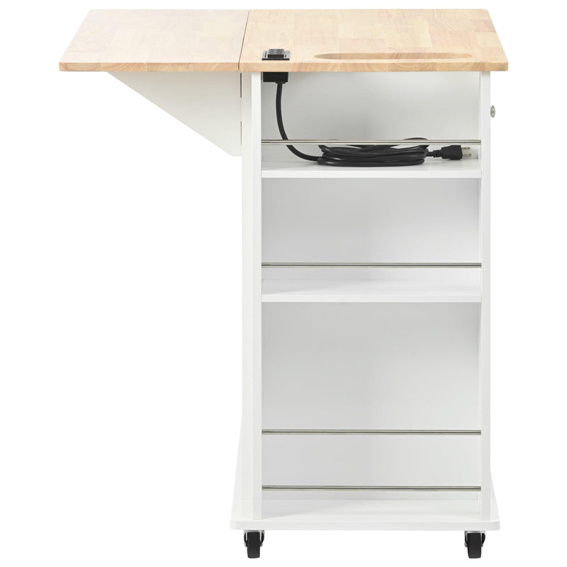 Kitchen Island with Power Outlet,Kitchen Storage Island with Drop Leaf and Rubber Wood,Open Storage and Wine Cubbies Rack,5 Wheels,with Adjustable Storage for Home, Kitchen, and Dining Room,White - Supfirm
